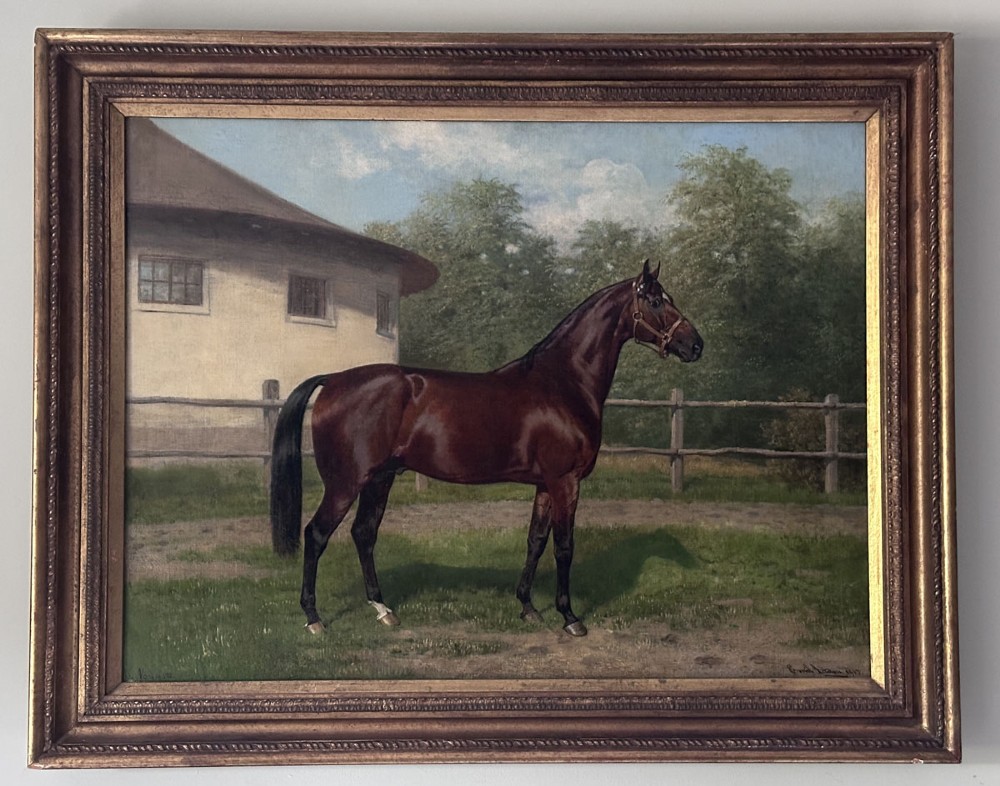 An antique oil painting depicting a bay horse standing in profile wearing a leather bridle in an outdoor paddock in front of a circular building. View III