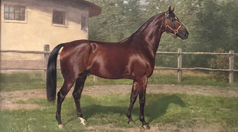 An antique oil painting depicting a bay horse standing in profile wearing a leather bridle in an outdoor paddock in front of a circular building. View V