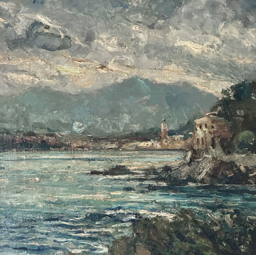 An impressionist oil painting displaying a stormy Italian coastline with rocky shores, coastal village architecture, and mountains under an overcast sky.