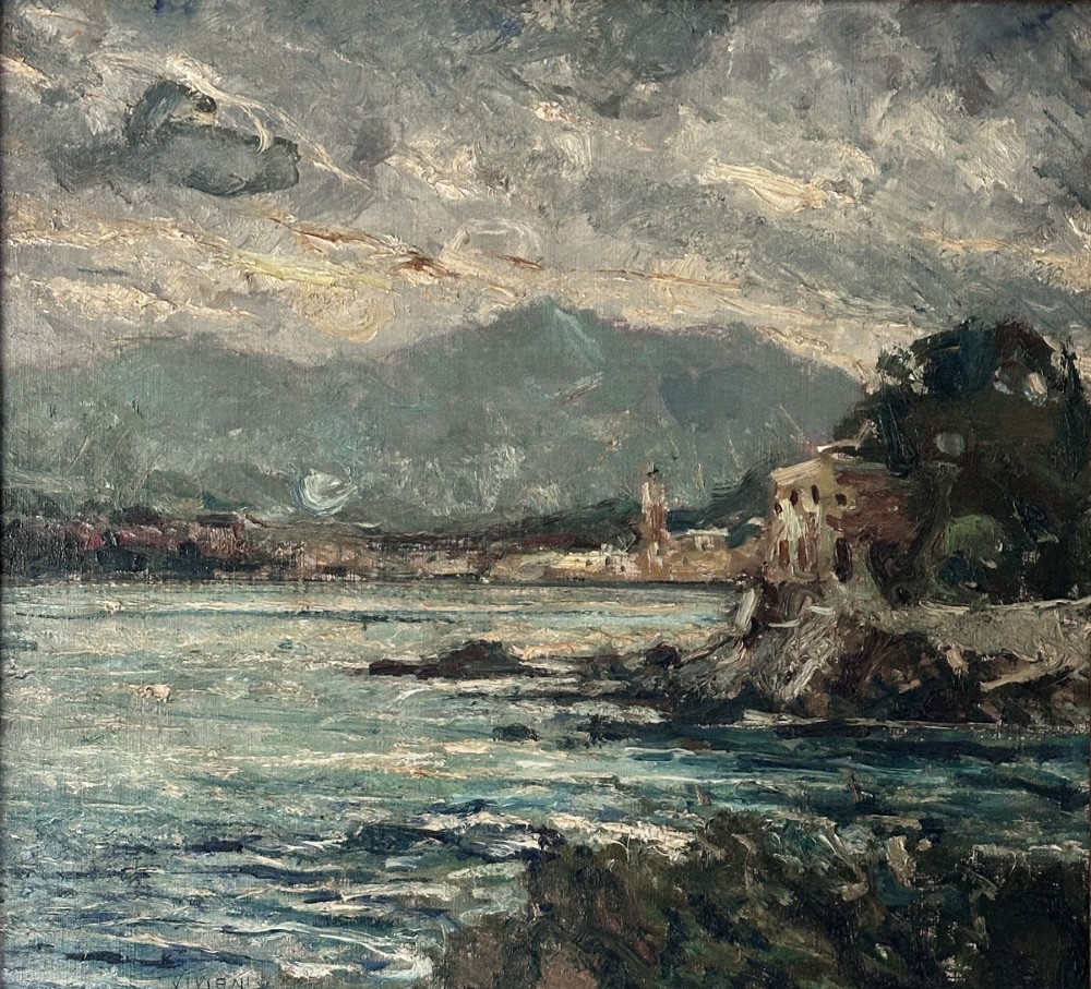 An impressionist oil painting displaying a stormy Italian coastline with rocky shores, coastal village architecture, and mountains under an overcast sky. View II