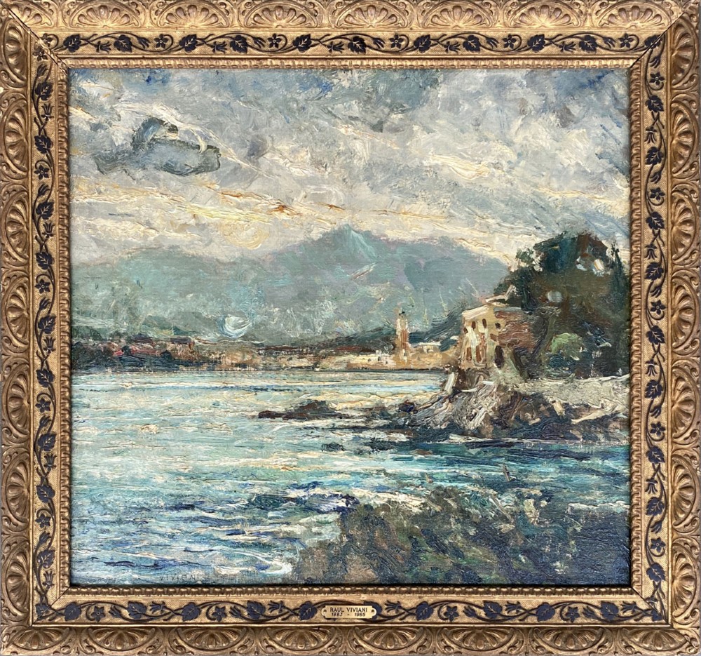 An impressionist oil painting displaying a stormy Italian coastline with rocky shores, coastal village architecture, and mountains under an overcast sky. View III