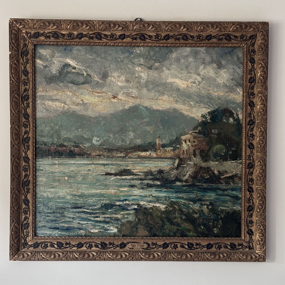 An impressionist oil painting displaying a stormy Italian coastline with rocky shores, coastal village architecture, and mountains under an overcast sky. View IV