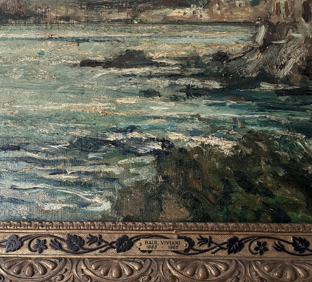 An impressionist oil painting displaying a stormy Italian coastline with rocky shores, coastal village architecture, and mountains under an overcast sky. View V