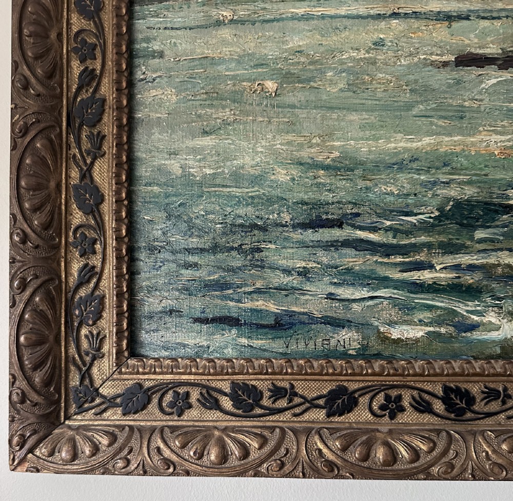 An impressionist oil painting displaying a stormy Italian coastline with rocky shores, coastal village architecture, and mountains under an overcast sky. View VI