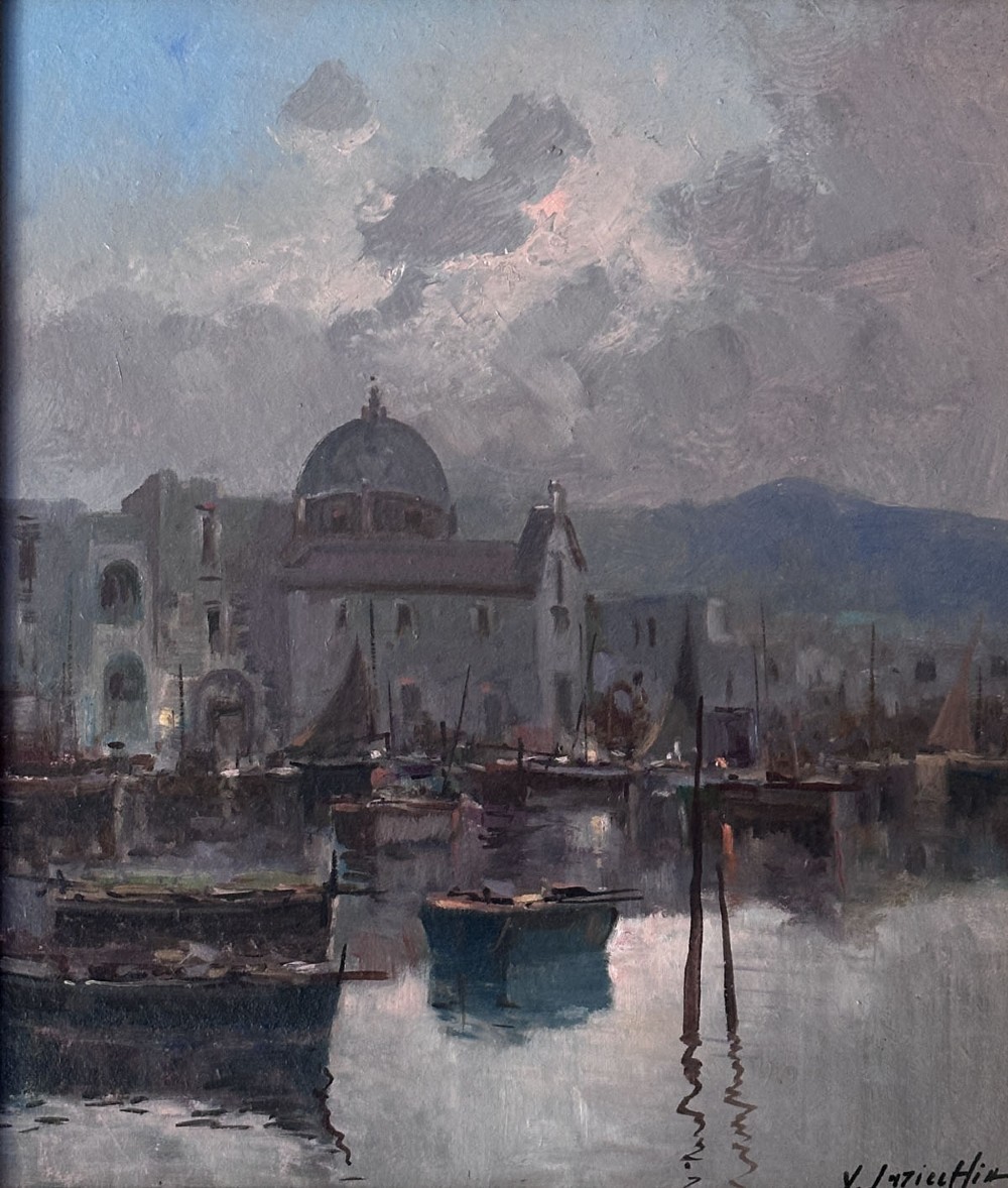 An impressionistic oil painting depicting an Italian harbour with moored boats, a domed building, and distant hills under a cloudy sky.