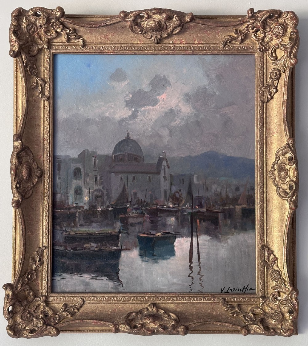 An impressionistic oil painting depicting an Italian harbour with moored boats, a domed building, and distant hills under a cloudy sky. View II