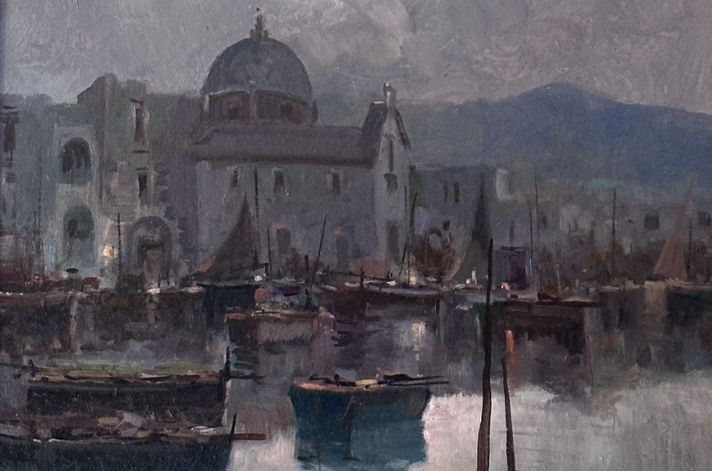 An impressionistic oil painting depicting an Italian harbour with moored boats, a domed building, and distant hills under a cloudy sky. View III
