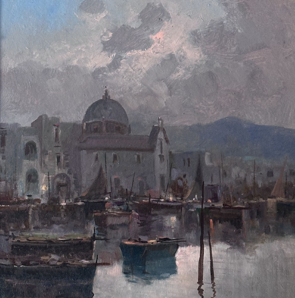 An impressionistic oil painting depicting an Italian harbour with moored boats, a domed building, and distant hills under a cloudy sky. View IV