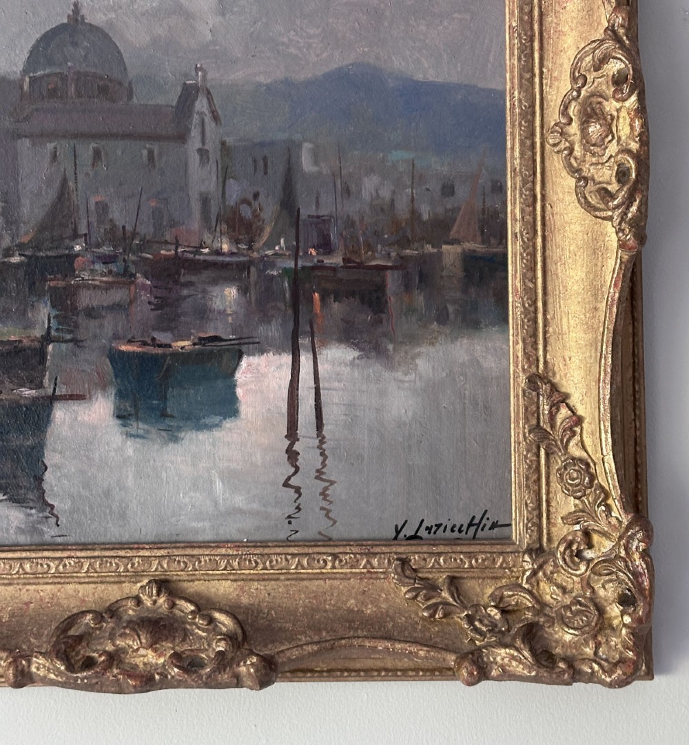 An impressionistic oil painting depicting an Italian harbour with moored boats, a domed building, and distant hills under a cloudy sky. View V