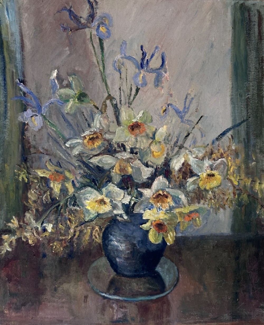 An oil painting on canvas depicting a ceramic vase filled with white daffodils and blue irises resting on a dark surface.