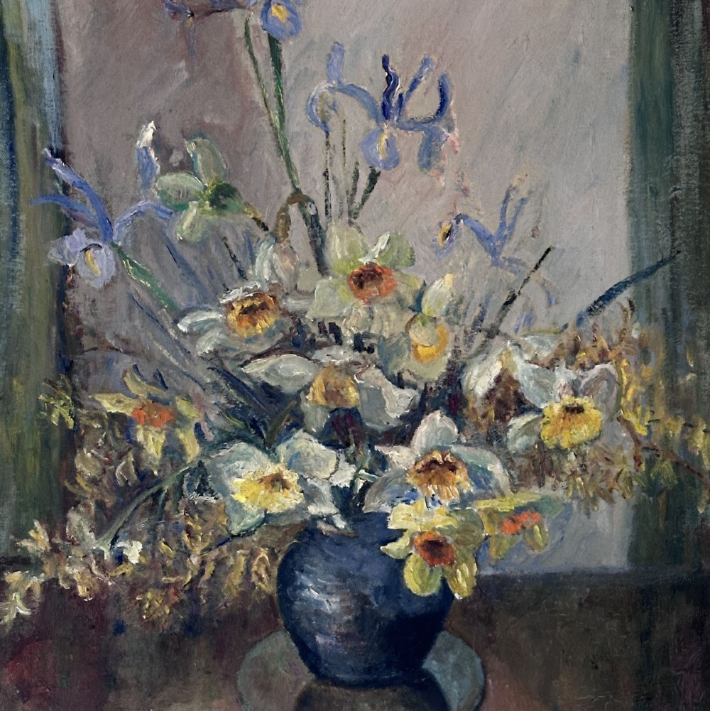 An oil painting on canvas depicting a ceramic vase filled with white daffodils and blue irises resting on a dark surface. View III