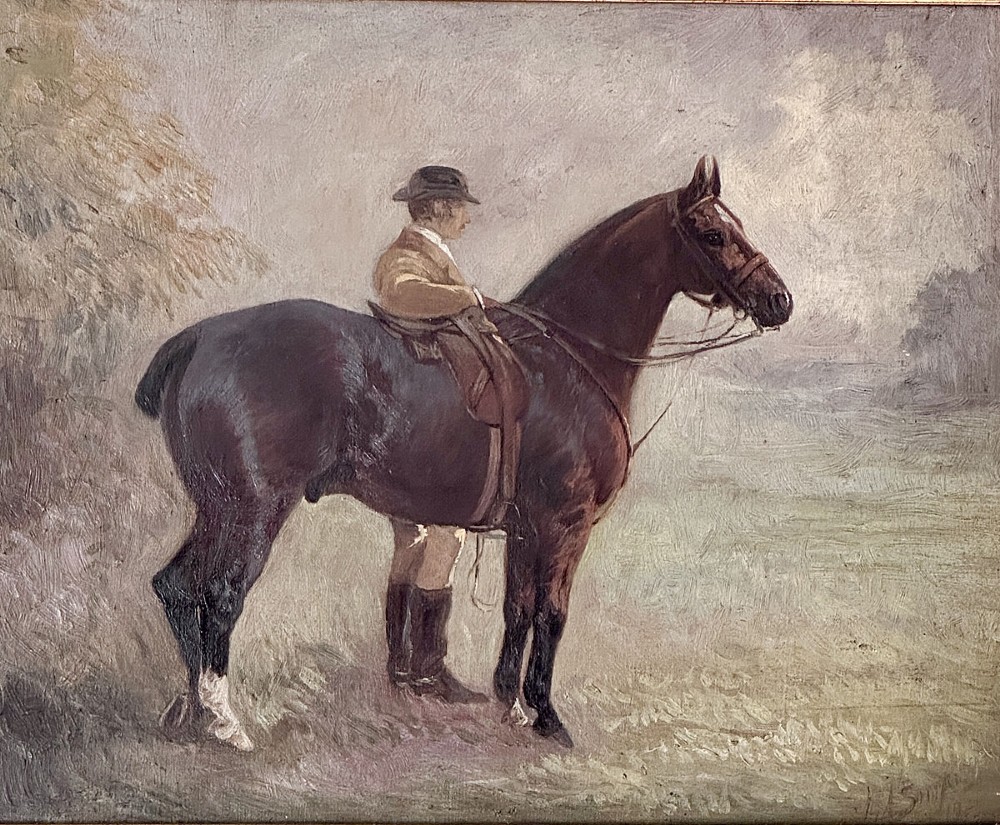 An antique oil painting depicting a gentleman wearing a bowler hat mounted on a dark brown horse in a muted countryside landscape.