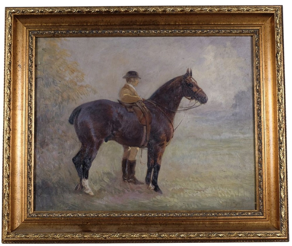 An antique oil painting depicting a gentleman wearing a bowler hat mounted on a dark brown horse in a muted countryside landscape. View II