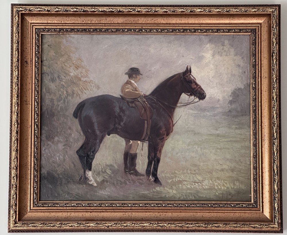 An antique oil painting depicting a gentleman wearing a bowler hat mounted on a dark brown horse in a muted countryside landscape. View III