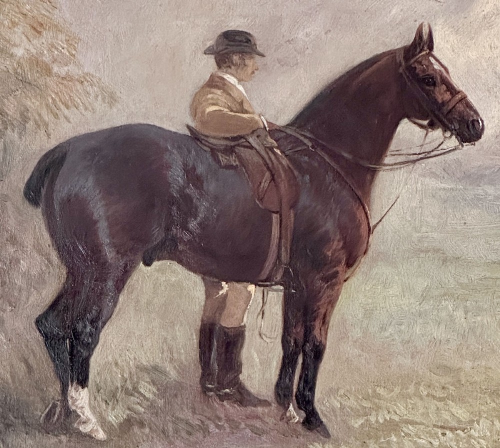 An antique oil painting depicting a gentleman wearing a bowler hat mounted on a dark brown horse in a muted countryside landscape. View IV