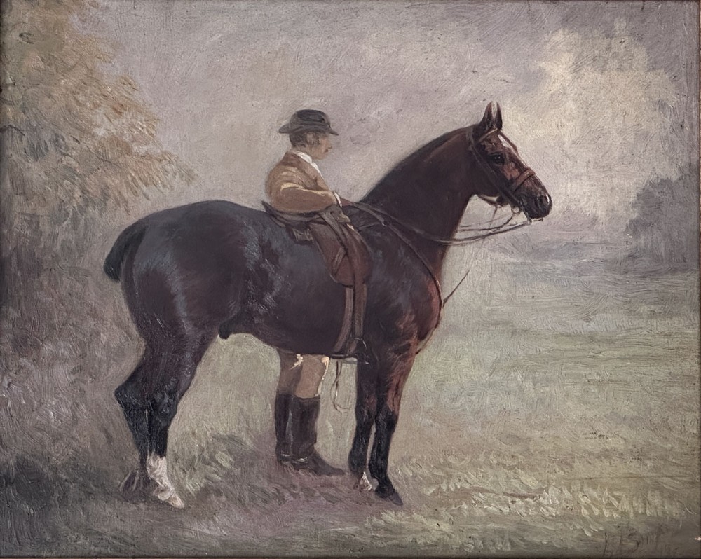 An antique oil painting depicting a gentleman wearing a bowler hat mounted on a dark brown horse in a muted countryside landscape. View V