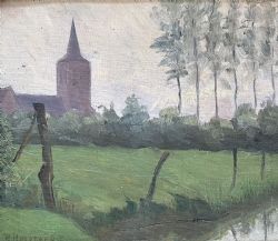 CHURCH NEAR A RIVER ANTIQUE OIL PAINTING