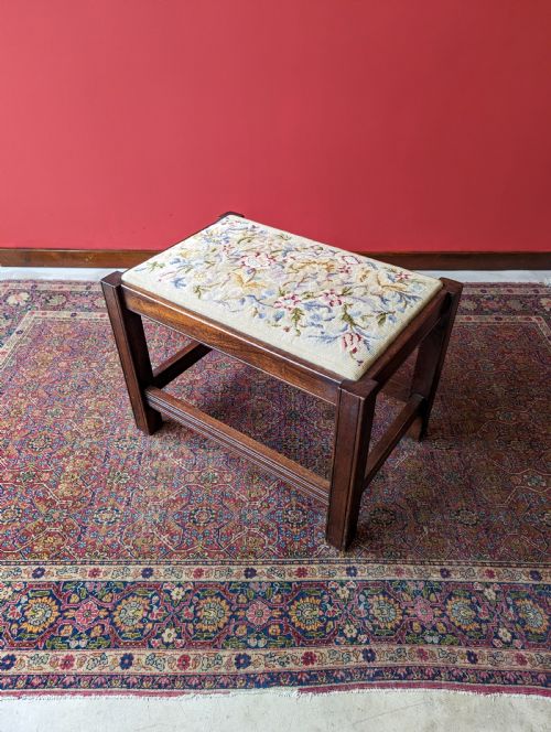 Antique Early 20th Century Oak Tapestry Stool / Footstool