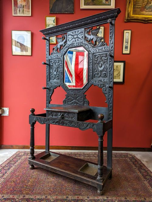 Antique Victorian Ebonised Carved Oak Welsh Hall Stand