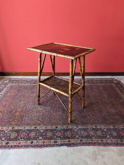 Antique Victorian Original Black Lacquer Painted Bamboo Two Tier Occasional Table