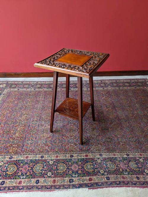 Antique Arts & Crafts Mahogany Floral Carved Two Tier Side Table