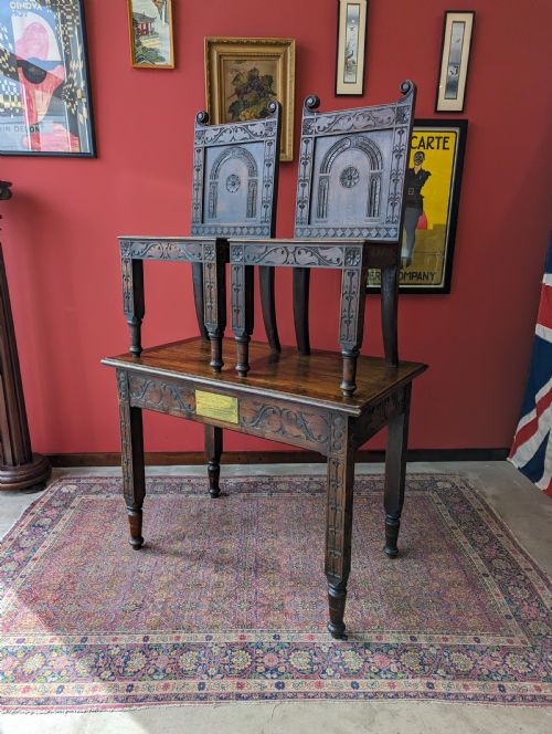 fig 1. Antique Victorian Oak Altar Table & Two Chairs Dated 1896