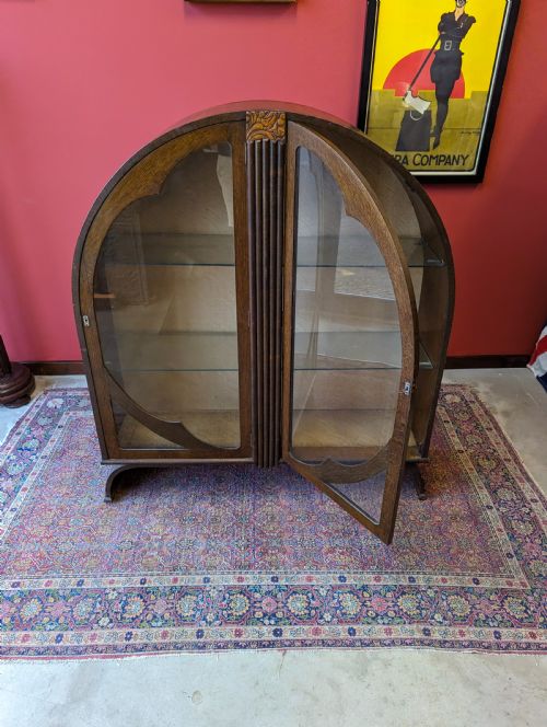 ANTIQUE ART DECO OAK CIRCULAR GLASS DISPLAY CABINET - ADDITIONAL PHOTO 5