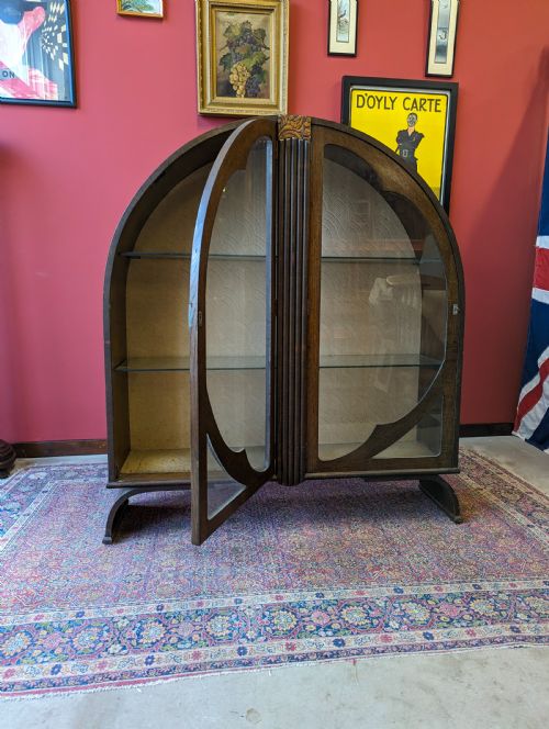 ANTIQUE ART DECO OAK CIRCULAR GLASS DISPLAY CABINET - ADDITIONAL PHOTO 7