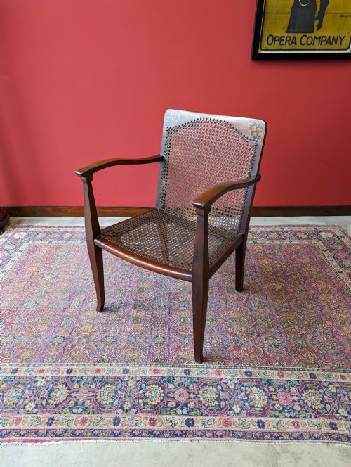 Antique Arts & Crafts Inlaid Mahogany Cane Salon Chair
