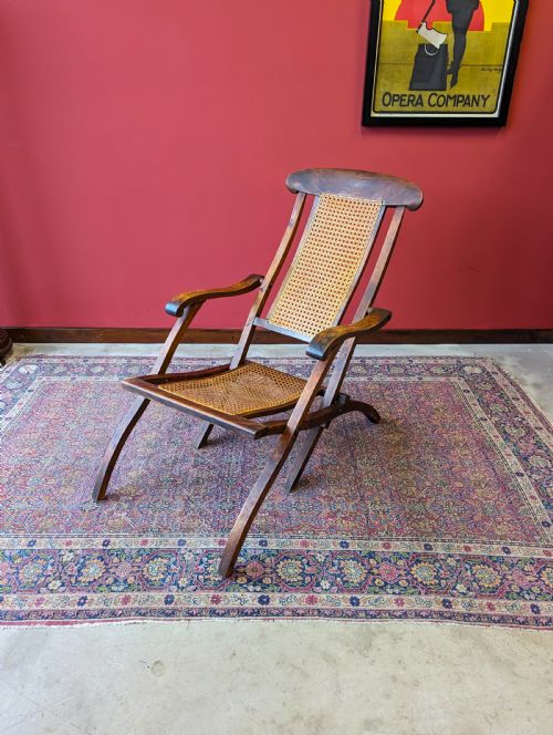 Antique 19th Century Walnut & Cane Folding Campaign Steamer Chair
