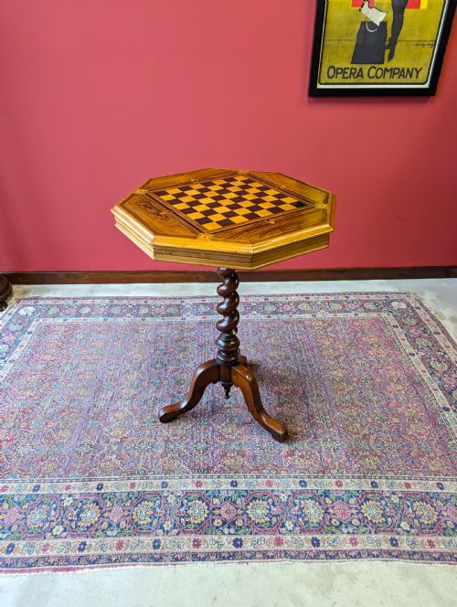 Antique Victorian Rosewood Barley Twist Pedestal Octagonal Chess Table
