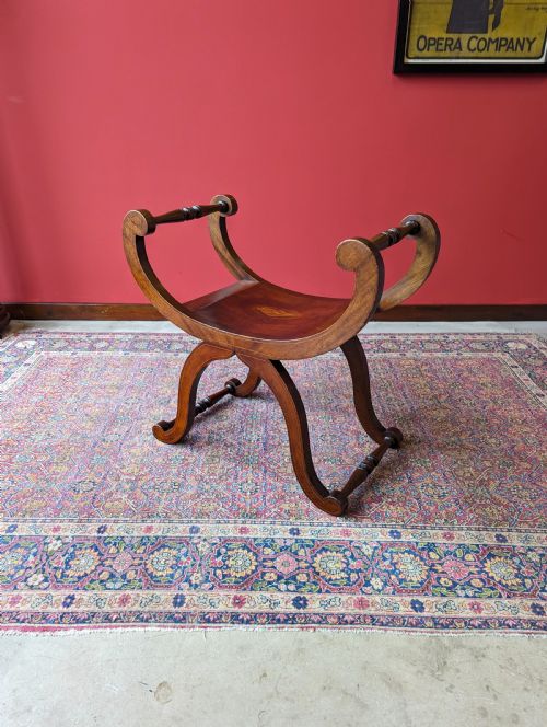 Antique Edwardian Inlaid Mahogany X-frame Stool