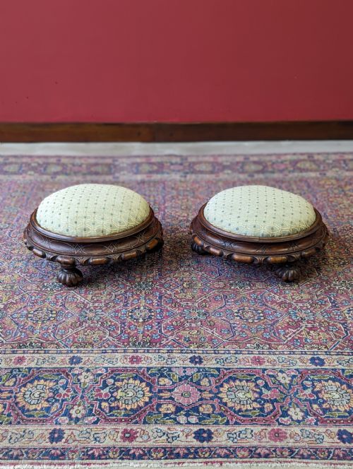 Antique Pair of Circular Victorian Mahogany Upholstered Footstools