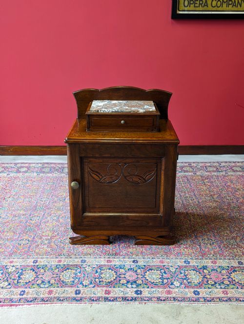 fig 1. Antique Edwardian Art Nouveau Oak Marble-Top Bedside Cabinet c.1910