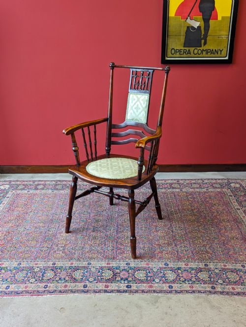 Antique Victorian Elm Upholstered Elbow Chair