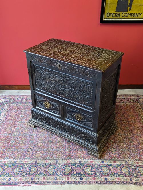 ANTIQUE EARLY 19TH CENTURY CARVED EBONISED MULE CHEST COFFER - ADDITIONAL PHOTO 9