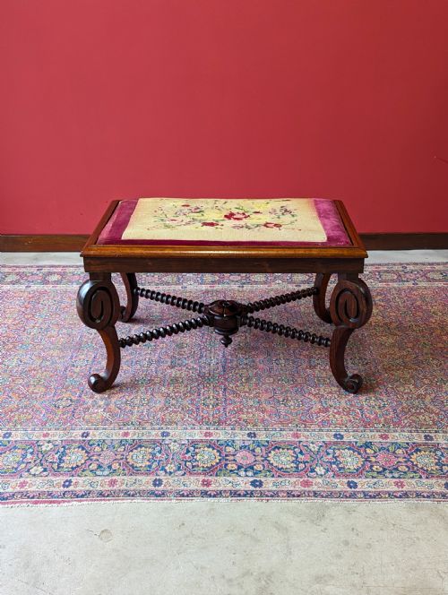 fig 1. Antique William IV Rosewood Bobbin Stool with Needlepoint Top c.1830s