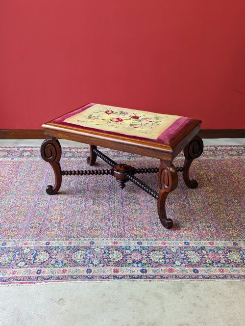 fig 2. Antique William IV Rosewood Bobbin Stool with Needlepoint Top c.1830s