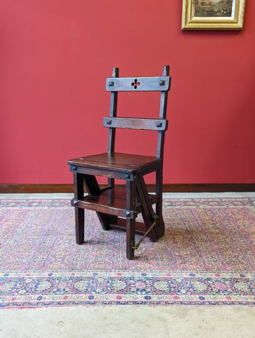 Antique Victorian Oak Arts & Crafts Metamorphic Library Chair / Steps