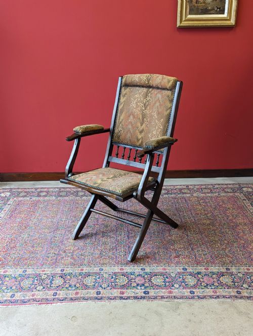 Antique Victorian Mahogany Upholstered Folding Campaign Chair