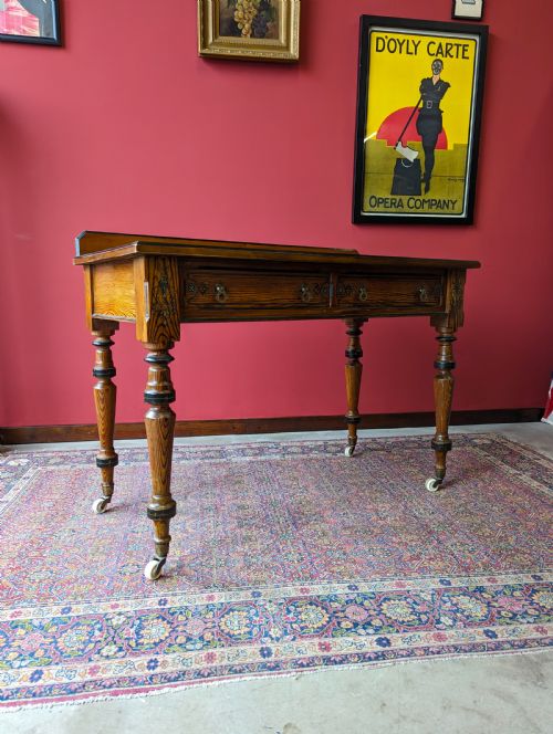 fig 1. Antique Victorian Pitch Pine Aesthetic Movement Writing Table by Maple & Co