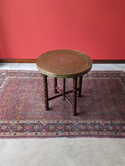 Antique Early 20th Century Brass Topped Folding Oak Table / Coffee Table