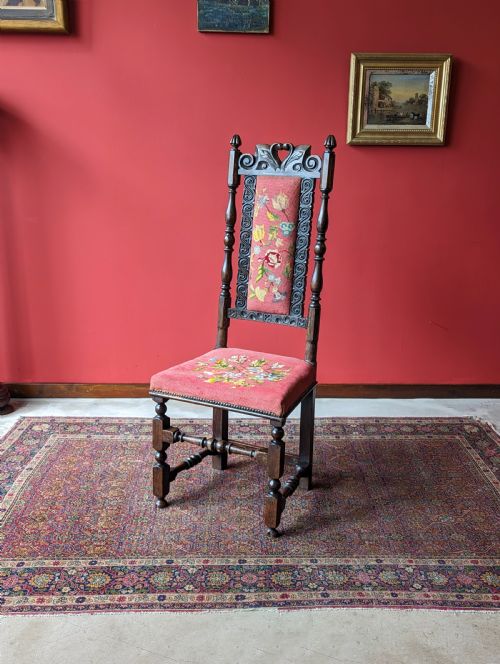 Antique Georgian Tapestry Upholstered Oak Side Chair