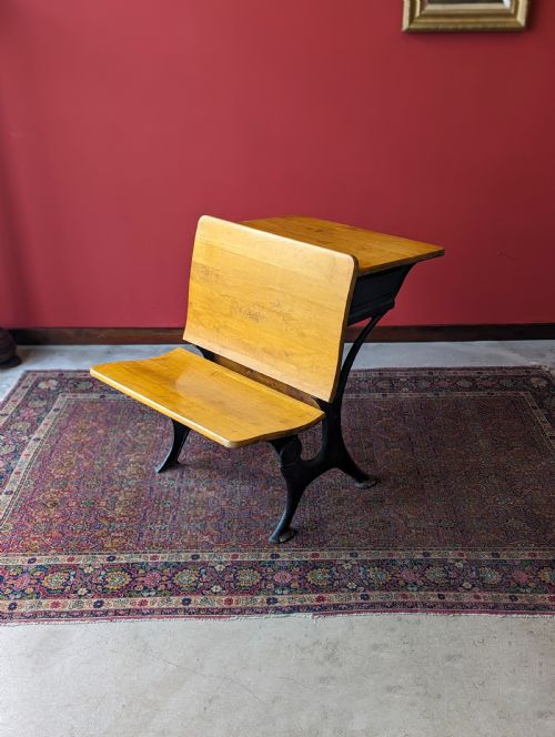 Antique Early 20th Century Cast Iron Folding School Desk with Seat
