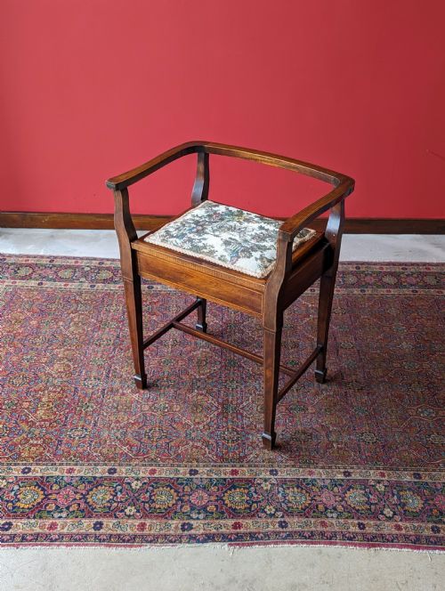Antique Edwardian Mahogany Tapestry Seat Piano Stool with Storage