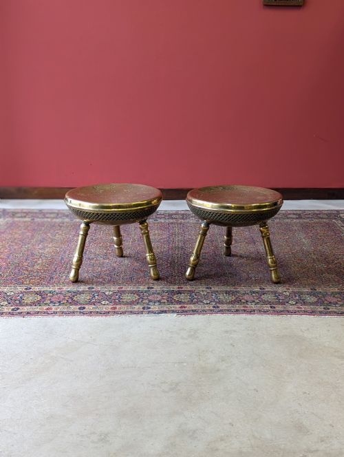Pair of Antique Early 20th Century Engraved Brass Tripod Stools