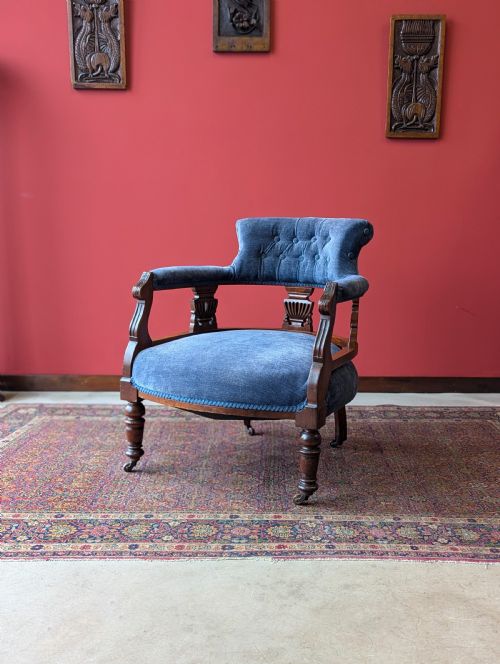Antique Victorian Mahogany Blue Tub Chair