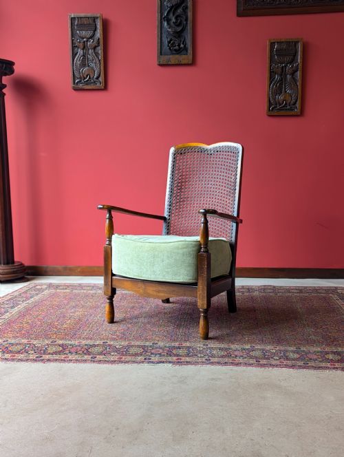 Antique 1920’S Art Deco Walnut Cane Back Easy Chair / Cocktail Chair