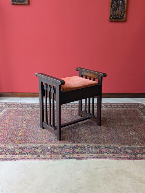 Antique Arts & Crafts Dark Oak Piano Stool with Storage
