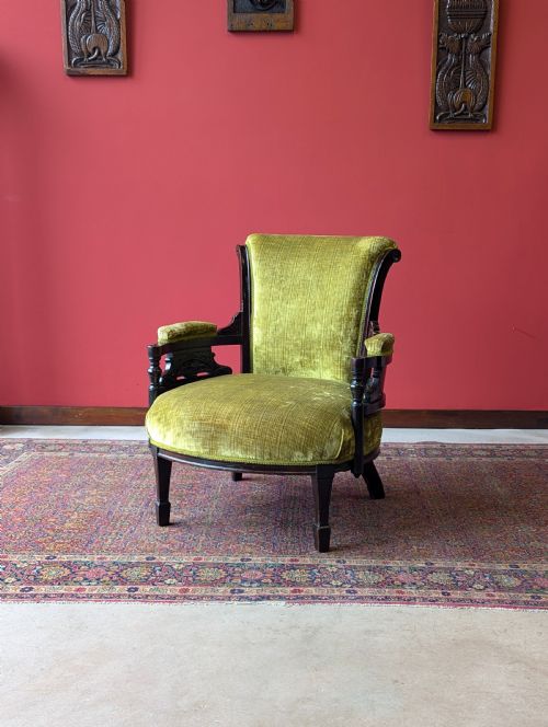 Antique Victorian Green Upholstered Mahogany Easy Chair / Cocktail Chair